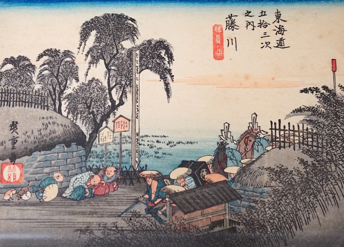 Hiroshige, two woodblock prints, 'Stations of The Tokaido', 14 x 19cm and a print of a Samurai